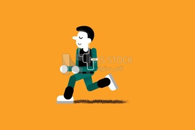A man running and wearing earphones  on a yellow background