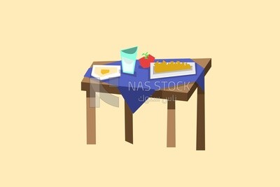 A table with food and a cup of milk on a green background