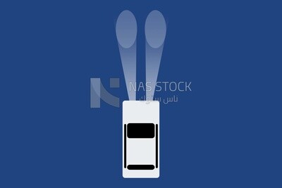 A white car with its headlights shining on a blue background