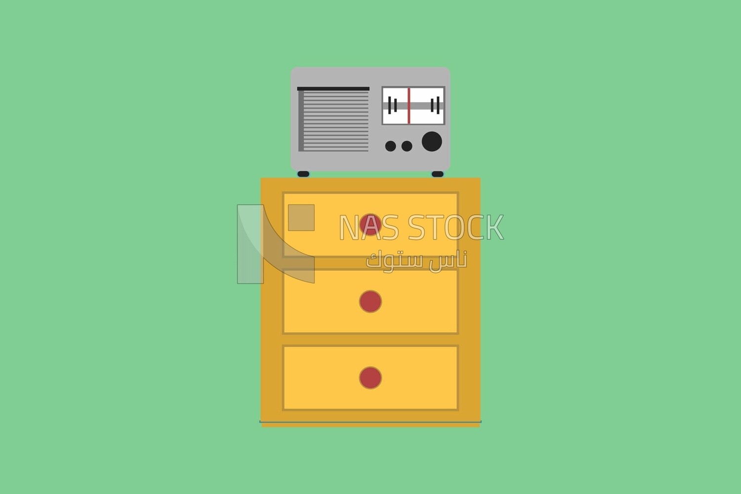 wooden drawer with radio  on a white background