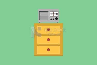 wooden drawer with radio  on a white background