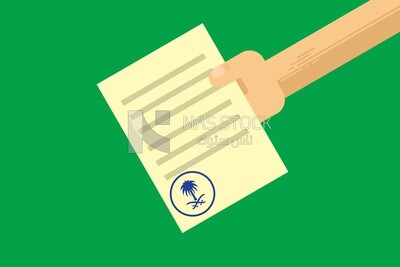 A hand holding a paper with the seal of Saudi Arabia on a green background