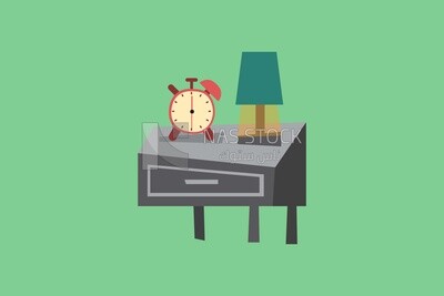 Bedside table with lamp and clock on a white background