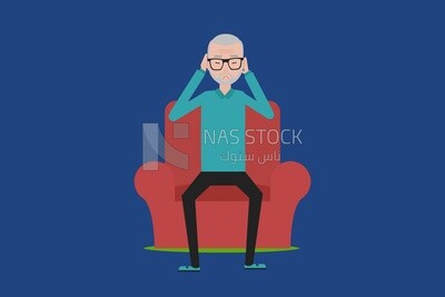 A man raises his hand to his ear on a blue background