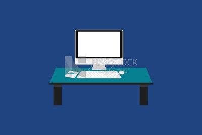 A desk with a computer screen