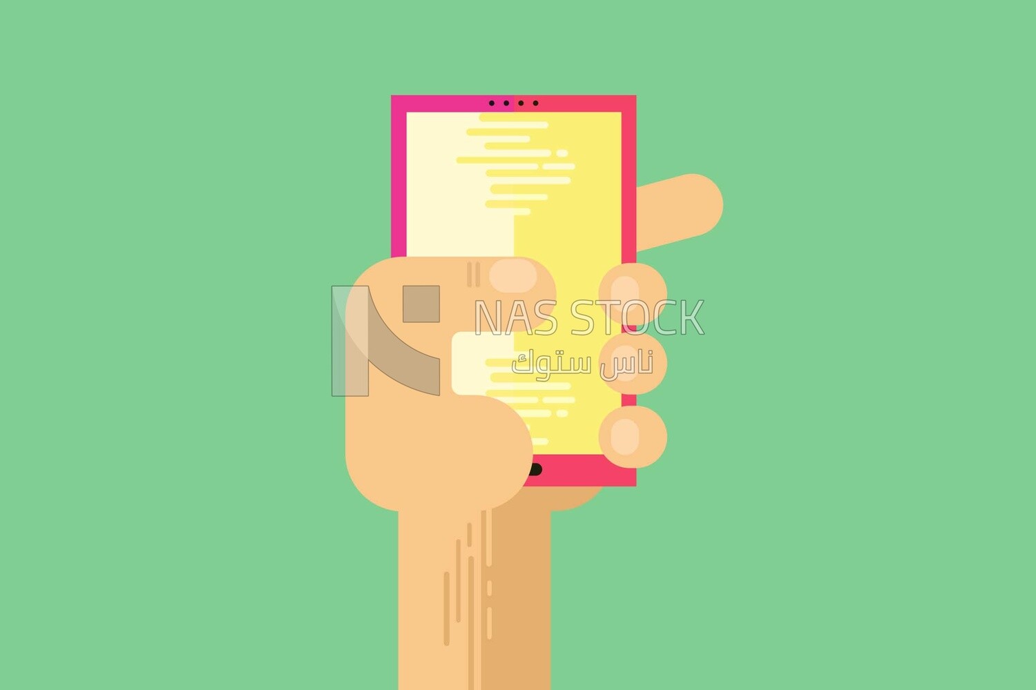 Hand holding a smartphone on a green background