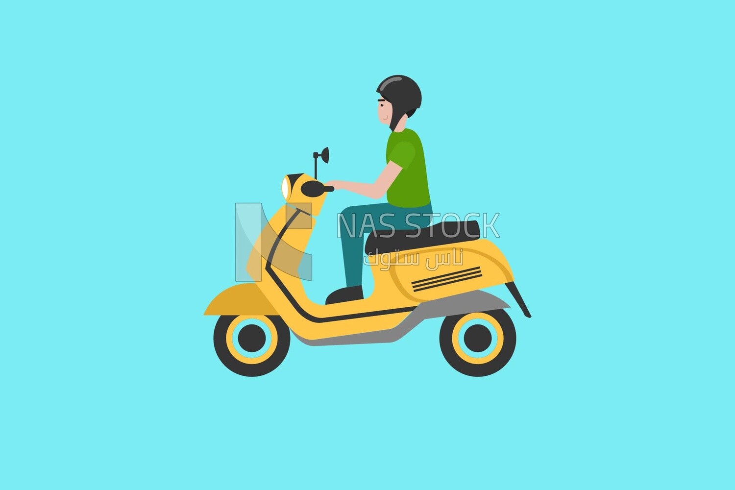 A young man riding a Scooter on a blue background