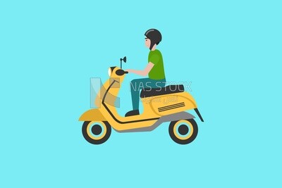 A young man riding a Scooter on a blue background