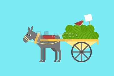 حمار مع عربة بطيخ صغيرة على خلفية زرقاء
