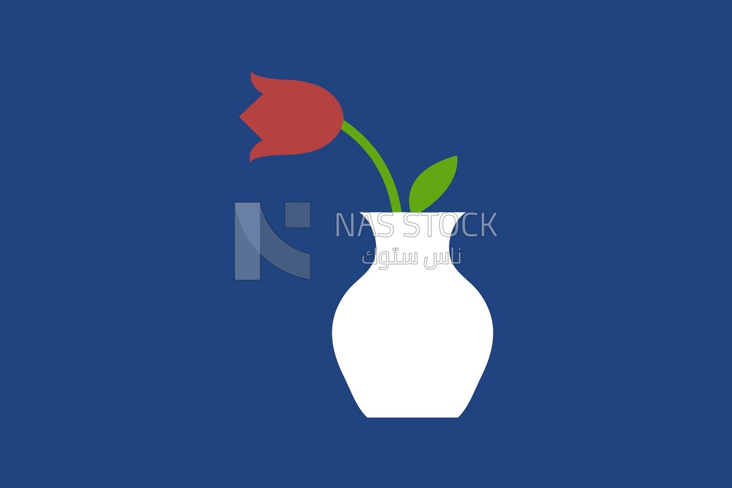 A white vase with a red rose on a blue background