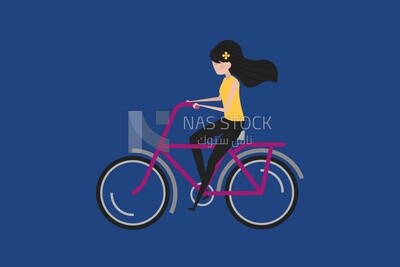 Girl riding a bicycle on a blue background