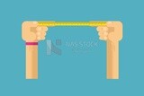 Hand holding a tape measure on a blue background