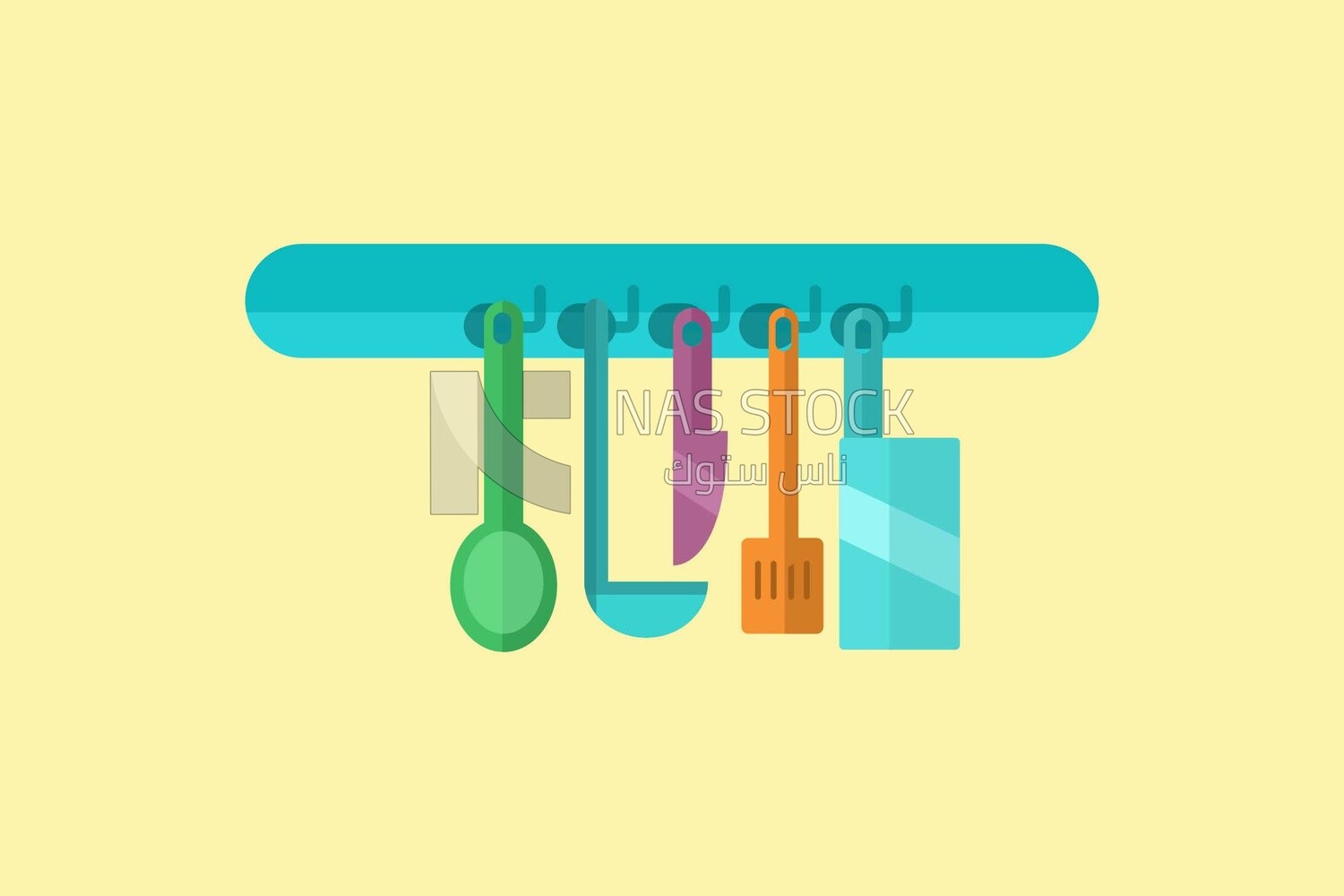 Hanging kitchen utensils set on a white background