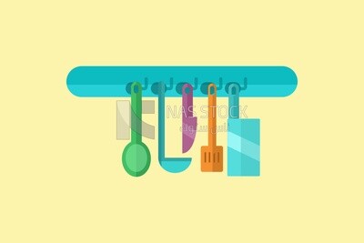 Hanging kitchen utensils set on a white background