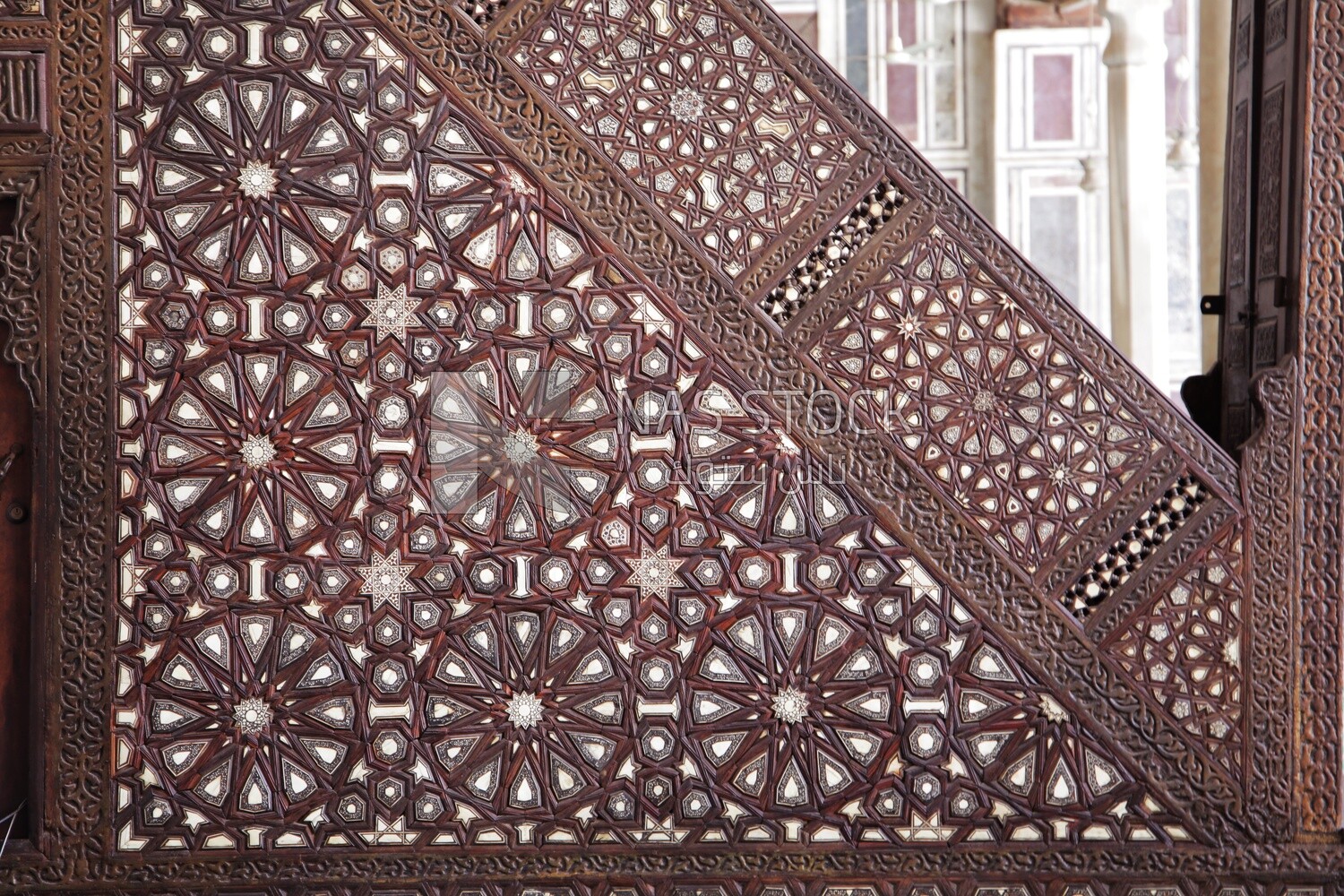 Wooden decorated Minbar in the Sultan Moayed Sheikh Mosque, tourism in Egypt