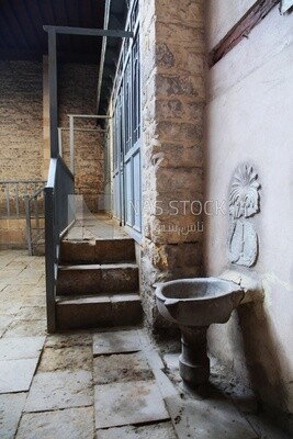 Changing rooms with blue wooden door shutters and wooden balustrades in The Sultan Inal Bath, a public bath built by Sultan Al-Ashraf Inal, El-Moez Street, Cairo, Egypt