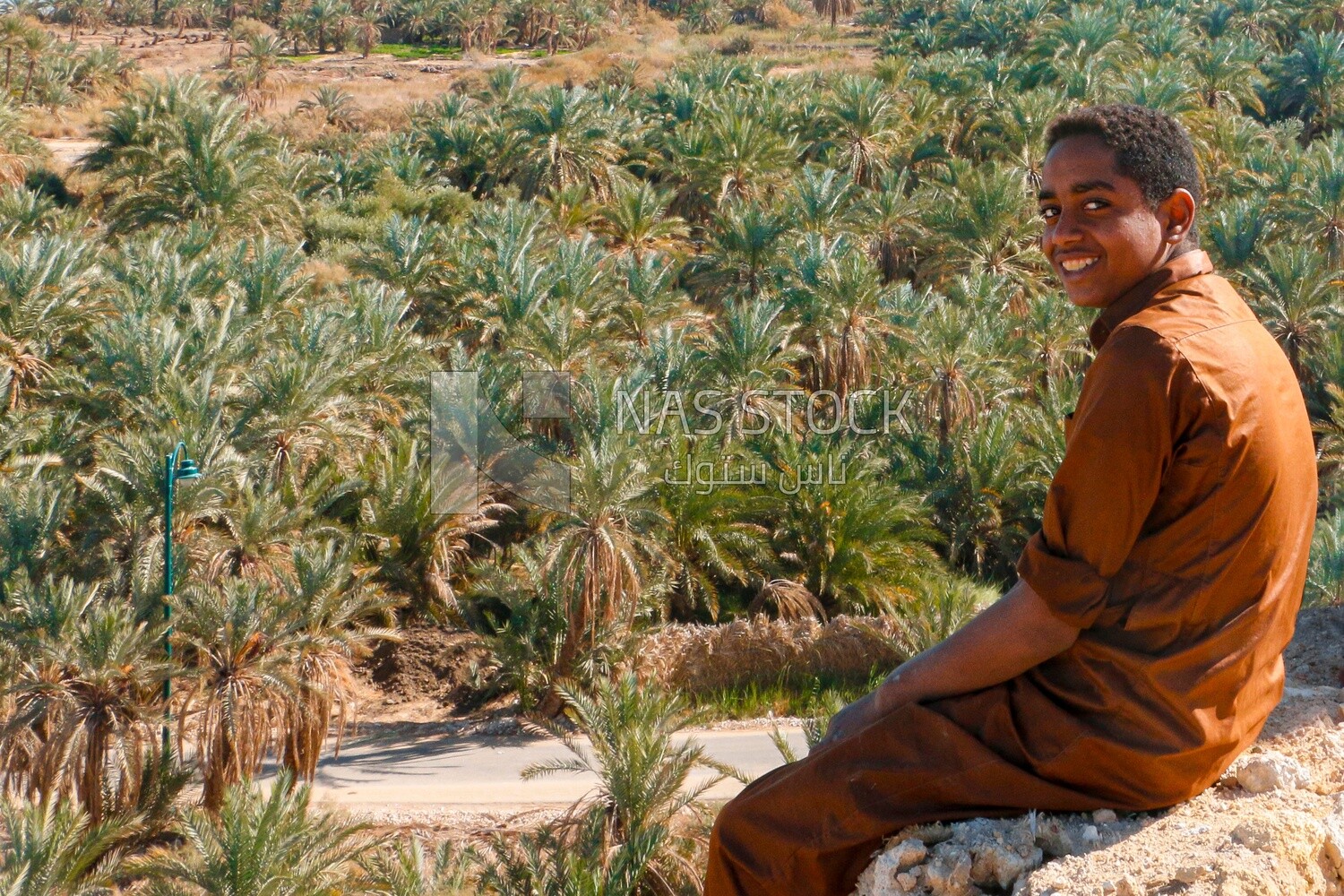 Boy sitting in front of the view of palms in Siwa