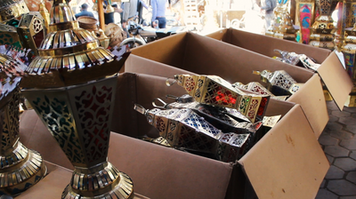 Metal lanterns displayed in a shop in Cairo