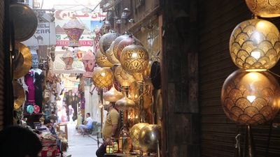 Bazaars and shops selling souvenirs to tourists on Al Moez Street