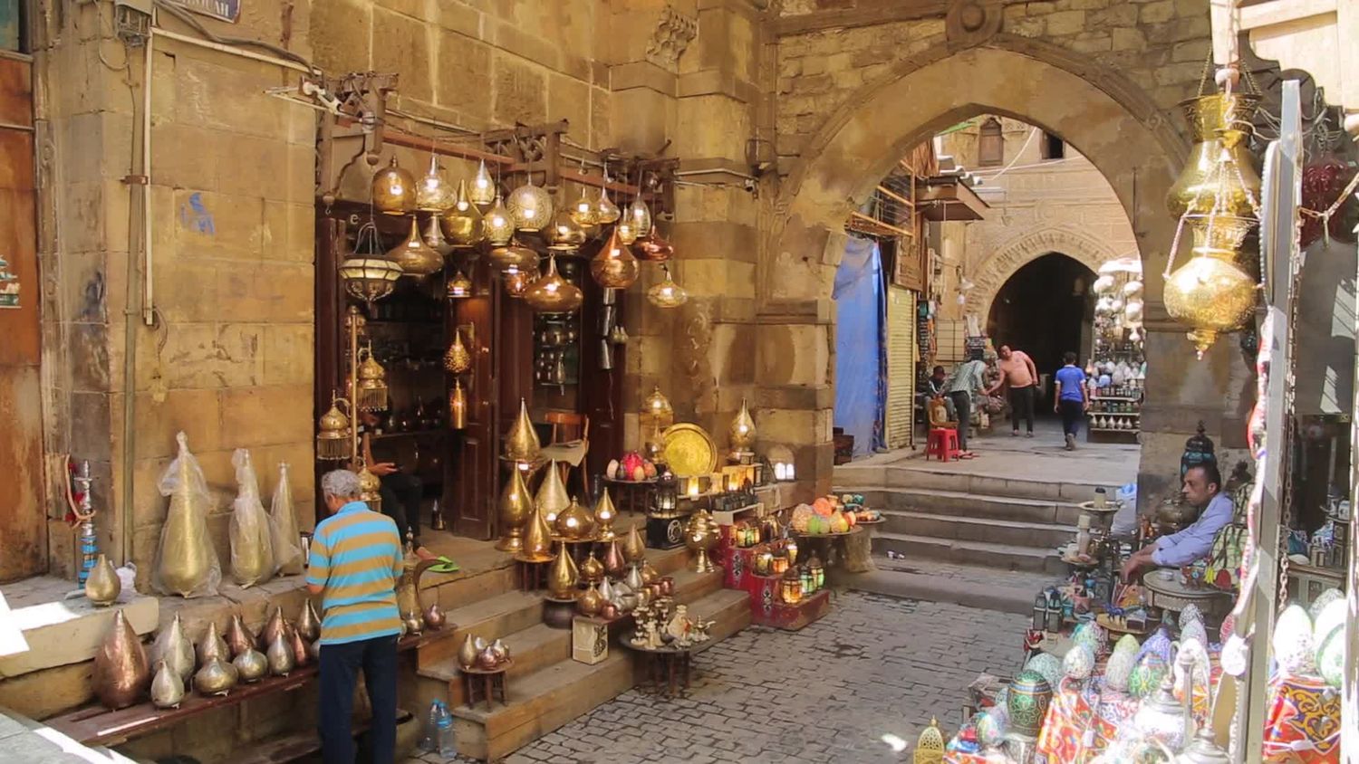 Ramadan lanterns and handicrafts displayed in shops on Al-Moez Street