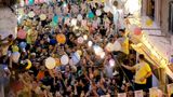 View of people celebrating in Matareya sharing their iftar together in the street, Ramadan Kareem, preparing their iftar