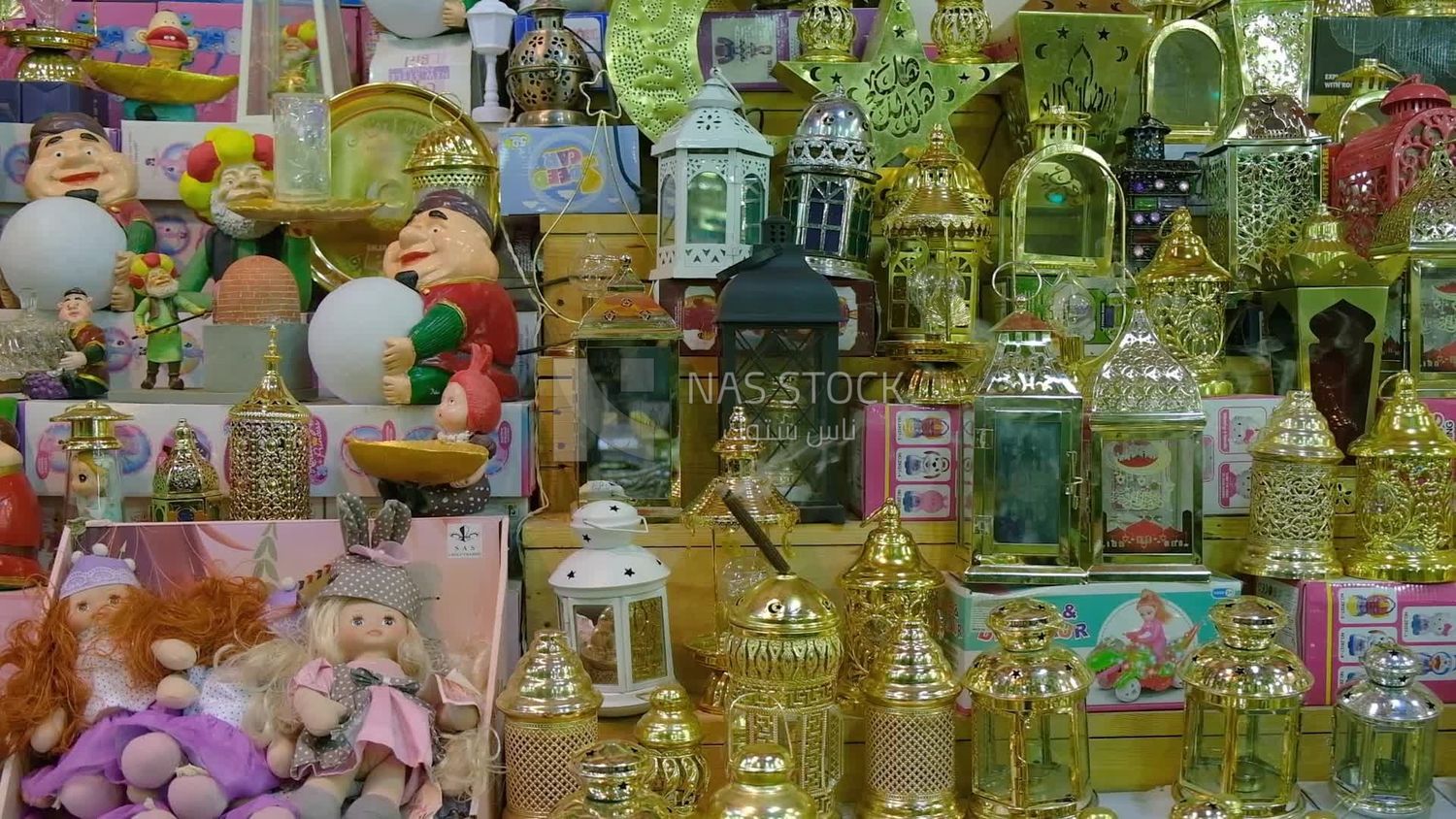 Close up of a group of copper lanterns in a shop in Cairo
