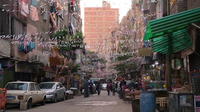 Hanging Ramadan lanterns in the street, decoration lights