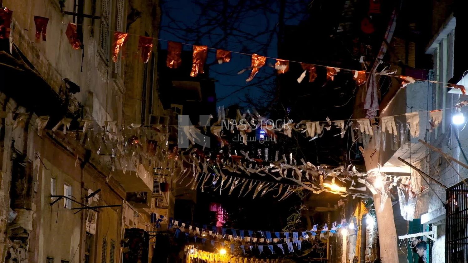 View of a street full of decorations, Street at night, decoration lights