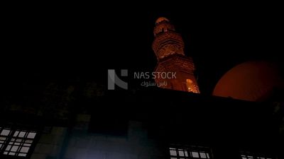 View of a mosque at night, street, decorations, Ramadan Kareem