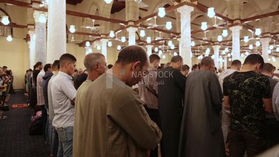 Worshipers praying in a mosque