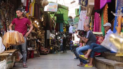 Bazaars and shops selling souvenirs to tourists on Al Moez Street