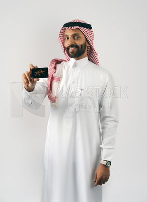 Gulf man holding a card