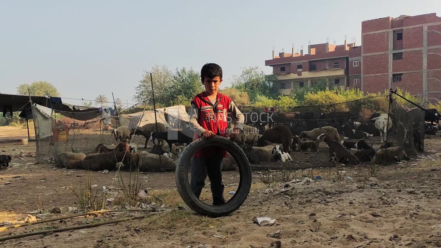 Young boy playing with a car tire
