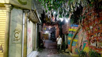 Hanging Ramadan lanterns in the street, decoration lights