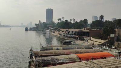 Video showing a group of traditional feluccas moored in the Nile River near the Sofitel El Gezirah Hotel