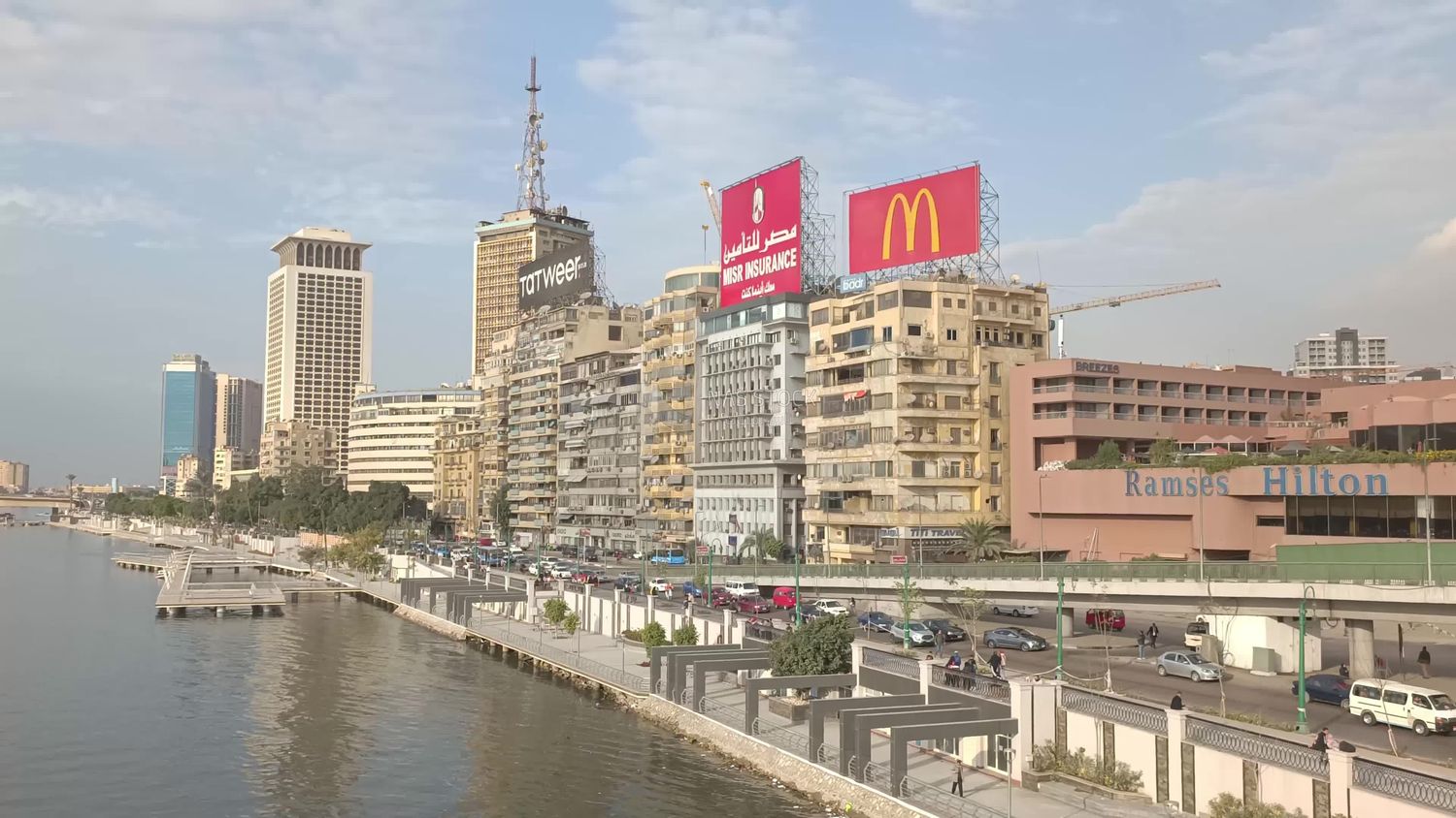 Video showing the Ministry of Foreign Affairs, the Ramses Hilton Hotel, and the Radio and Television building overlooking the Nile River