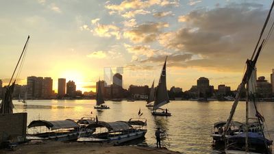 Video showing a group of sailing boats cruising in the Nile River at sunset
