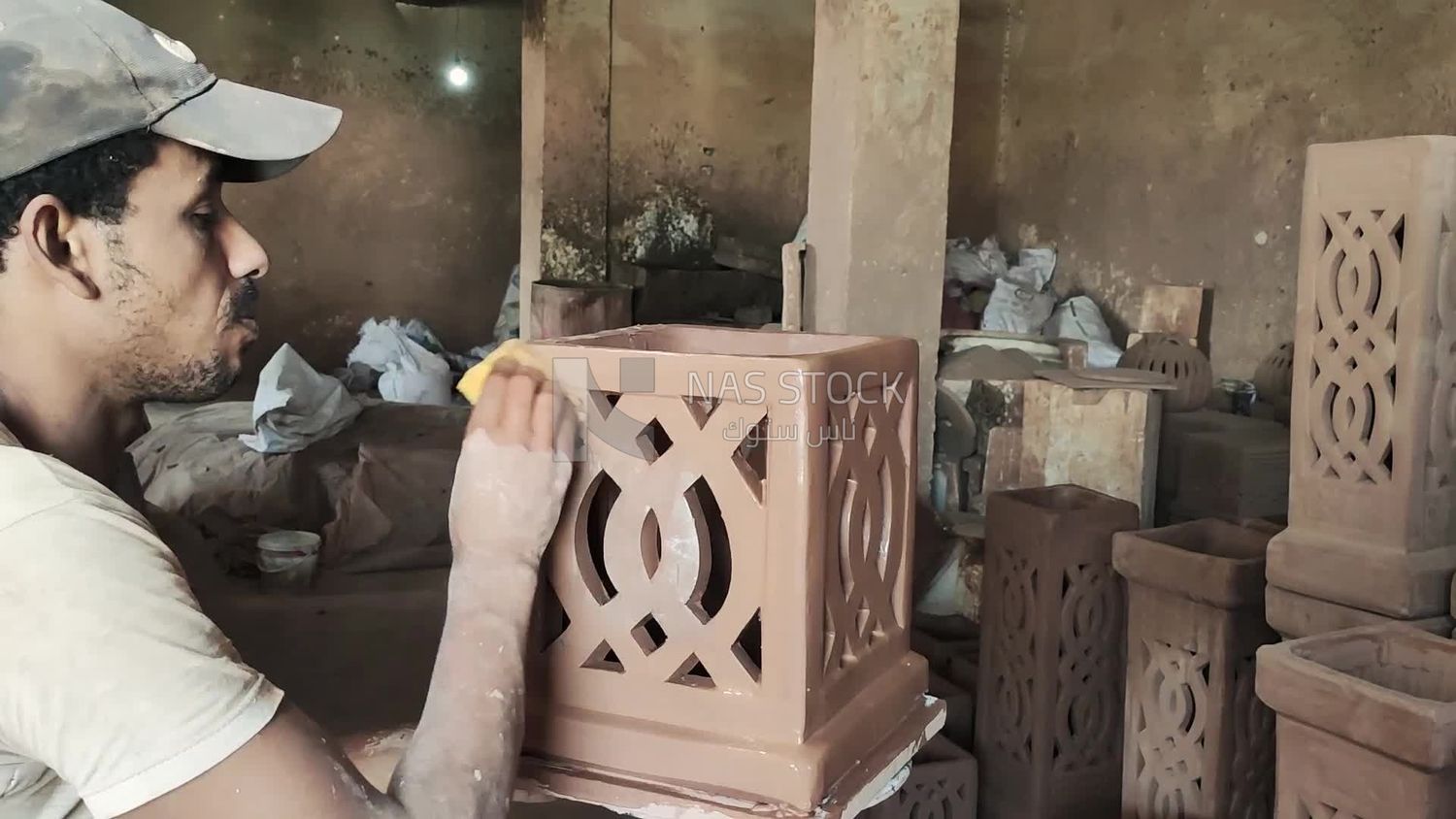 Man in the pottery workshop making a pottery box