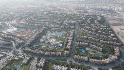 Drone footage of an overview for compounds in Zayed, Egypt