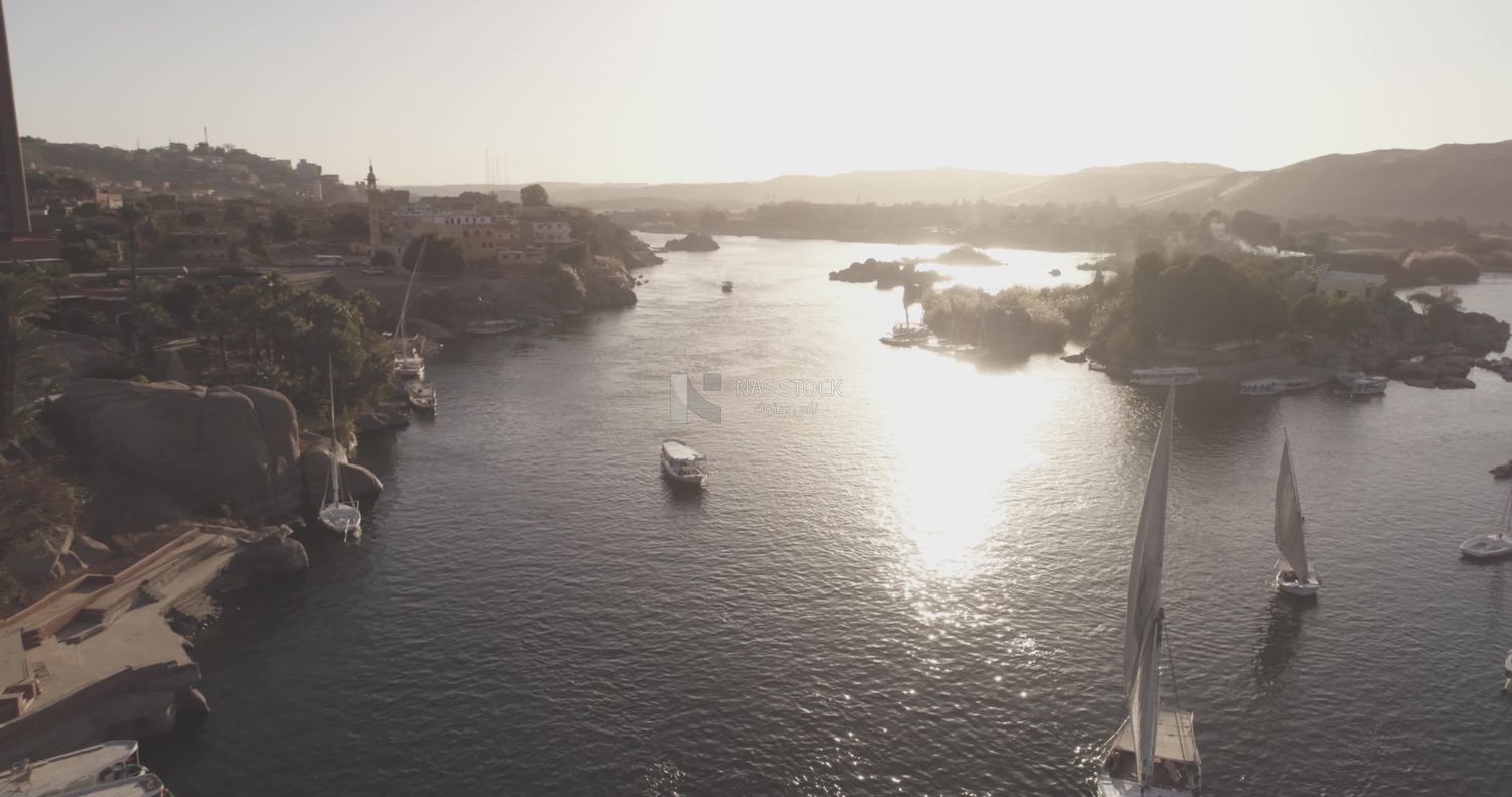 Drone footage of boats in the river