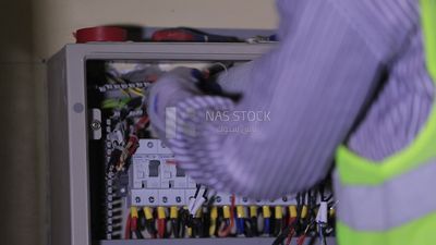 Electrician checking equipment with a screwdriver and pliers inside the repair shop