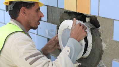 Worker trying to put the searchlight in the wall