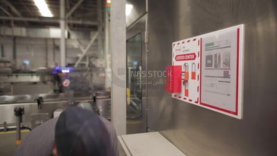 Worker takes the lock from the wall beside the machine in a factory