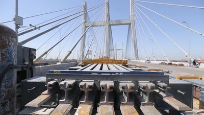 View of part of the bridge under construction, work, construction, engineering tools and equipment