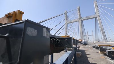 View of part of the bridge under construction, work, construction, engineering tools and equipment