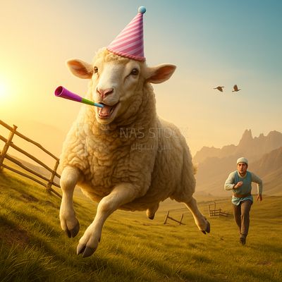 AI design of a sheep escaping from the farm to celebrate Eid al-Adha