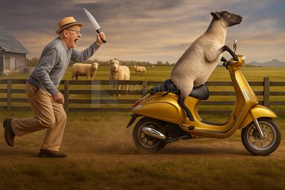 AI design of a farmer chasing a sheep on a scooter