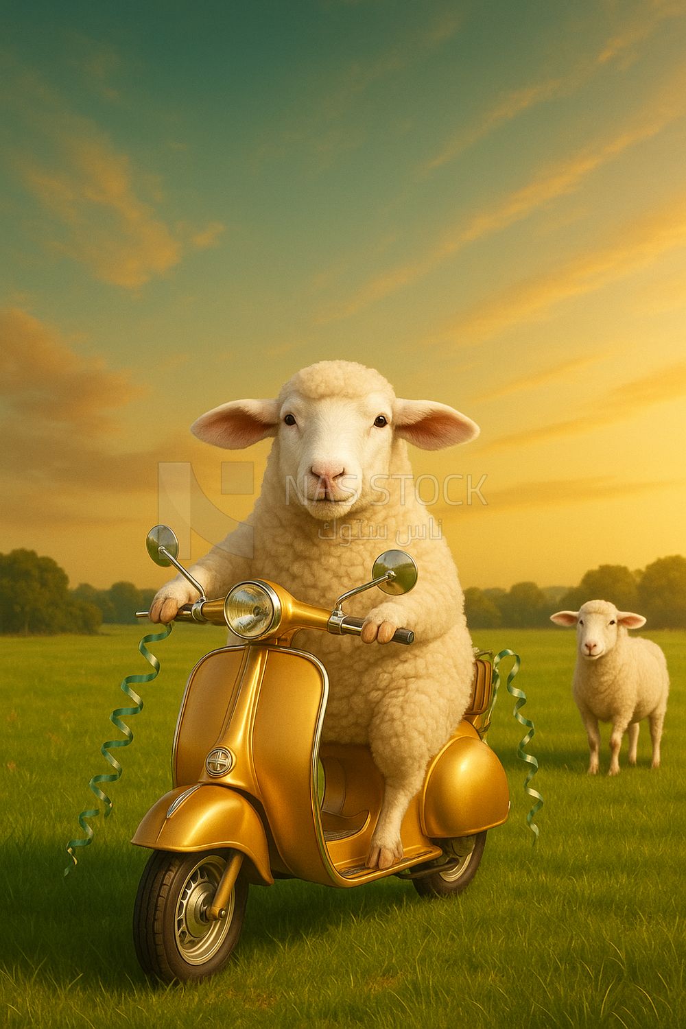AI design of a sheep riding a scooter on a farm