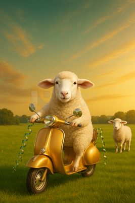 AI design of a sheep riding a scooter on a farm