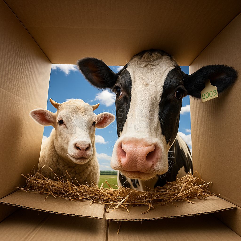 AI design of a cow with a sheep looking through a box